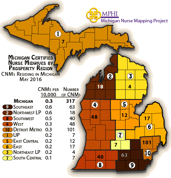 map depicts Michigan certified nurse midwives by prosperity regions in 2016